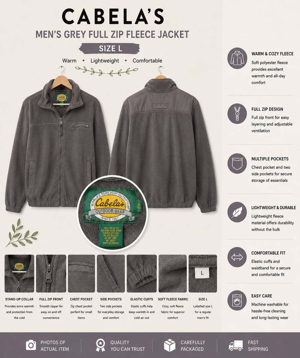 Cabela's Men's Grey Full Zip Fleece Jacket with Chest Pocket